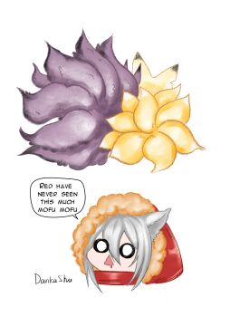 1boy 2girls absurdres animal_ears arknights blank_eyes blonde_hair commentary dankashu drooling english_commentary english_text father_and_daughter fox_boy fox_ears fox_girl fox_tail from_behind fur_trim grey_hair hair_between_eyes highres hood hooded_jacket jacket kitsune kyuubi mouth_drool multiple_girls multiple_tails projekt_red_(arknights) red_jacket signature suzuran&#039;s_father_(arknights) suzuran_(arknights) tail triangle_mouth wolf_ears wolf_girl