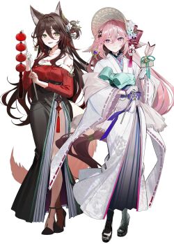 2girls absurdres alternate_costume animal_ear_fluff bow brown_hair chinese_clothes commentary droopy_ears earrings floral_print flower fox_girl fox_tail fugue_(honkai:_star_rail) full_body genshin_impact gloves green_eyes hair_ornament high_heels highres honkai:_star_rail honkai_(series) japanese_clothes jewelry kawachi_rin lantern long_hair long_skirt multiple_girls nail_polish off_shoulder pink_hair purple_eyes simple_background single_earring skirt smile standing tail tassel tingyun_(honkai:_star_rail) white_background yae_miko