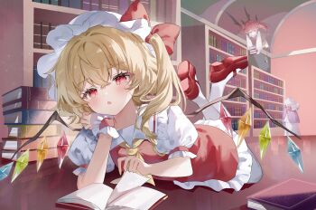 Rule 34 | 3girls, absurdres, ascot, black vest, blonde hair, blush, book, book stack, bookshelf, bow, collared shirt, commentary request, crystal, crystal wings, demon wings, flandre scarlet, flying, frilled shirt collar, frilled skirt, frills, hair bow, hat, head wings, highres, holding, holding book, indoors, koakuma, legs up, library, long hair, long sleeves, looking at viewer, lying, mary janes, mob cap, multicolored wings, multiple girls, on stomach, on table, one side up, open book, open mouth, pantyhose, patchouli knowledge, pointy ears, puffy short sleeves, puffy sleeves, purple eyes, purple hair, reading, red bow, red eyes, red hair, red shoes, red skirt, red vest, shirt, shoes, short sleeves, skirt, skirt set, solo focus, sorani (kaeru0768), table, touhou, vest, voile, white hat, white pantyhose, white shirt, wings, wrist cuffs, yellow ascot
