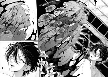 1boy 1girl ass blood commentary_request exposed_bone flat_chest flesh flower greyscale guro highres horror_(theme) ishida_umi lily_(flower) long_hair looking_at_another monochrome nude original parted_lips surprised zoufu_no_hanataba