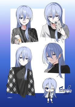1girl :d ;d black_nails black_shirt black_shorts black_socks blue_eyes blue_hair cellphone character_name chibi chihuri closed_mouth commentary_request cup disposable_coffee_cup disposable_cup drinking_glass ende_(chihuri) grey_jacket hair_between_eyes highres holding holding_cup holding_phone hood hood_down hooded_jacket jacket long_hair multiple_views nail_polish one_eye_closed open_clothes open_jacket open_mouth original phone plaid_clothes plaid_jacket shirt shoes shorts smile socks standing very_long_hair white_shoes