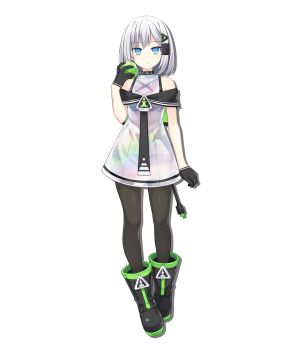 1girl alpha_transparency anri_(neptunia) apple artist_request bare_shoulders black_boots black_gloves black_necktie black_sailor_collar black_thighhighs blue_eyes bob_cut boots cable cable_tail choujigen_game_neptune_sisters_vs_sisters dot_nose dress drop_shadow expressionless food food_bite fruit full_body gloves green_apple hair_ornament hairclip halterneck hand_up highres holding holding_food holding_fruit looking_at_viewer mechanical_tail necktie neptune_(series) off-shoulder_dress off_shoulder official_art plug sailor_collar see-through_clothes see-through_dress short_hair silver_dress simple_background solo standing tachi-e tail thighhighs transparent_background white_dress white_hair