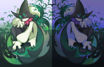 alternate_color black_mask black_scarf claws flaw_eight knees_up leaf looking_at_viewer meowscarada nintendo no_humans pink_eyes pokemon pokemon_(creature) purple_eyes scarf shiny_pokemon split_image split_screen