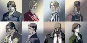 3girls 5boys alyssa_ashcroft bald black_hair blonde_hair blue_eyes breasts brown_eyes brown_hair cindy_lennox dark_skin david_king dress_shirt george_hamilton gradient_background hat highres jacket jewelry jim_chapman kaburagi_yuki kevin_ryman long_hair mark_wilkins multiple_boys multiple_girls necklace necktie ponytail resident_evil resident_evil_outbreak shirt short_hair upper_body yoko_suzuki