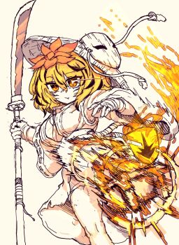 1girl black_hair blonde_hair breasts closed_mouth fang geta hair_ornament highres holding holding_polearm holding_weapon incoming_kick japanese_clothes kicking kimono looking_at_viewer mask_on_hat multicolored_hair orange_eyes partially_colored polearm rampa93 ribbon-trimmed_sleeves ribbon_trim skin_fang solo streaked_hair toramaru_shou touhou weapon