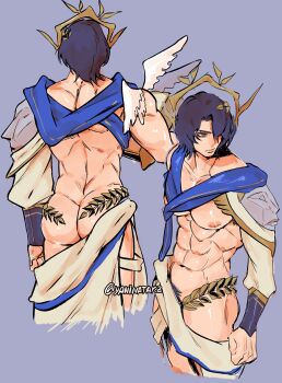 1boy ass back blue_background blue_hair dr._ratio_(honkai:_star_rail) hashtag-only_commentary highres honkai:_star_rail honkai_(series) male_focus muscular muscular_male navel nipples robe yahinatakz