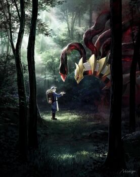 1boy backpack bag blonde_hair boots day forest from_side gen_4_pokemon ginkgo_guild_uniform giratina giratina_(origin) grass hat highres legendary_pokemon long_sleeves nature nintendo no_ichigo outdoors outstretched_arm pants pokemon pokemon_(creature) pokemon_legends:_arceus profile red_eyes signature standing tree volo_(pokemon)