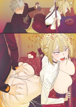 1boy 1girl ahegao ass blonde_hair blush breasts commentary_request cum cum_in_pussy cum_overflow doggystyle evelyn_chevalier exercising grabbing_another's_ass grey_hair groping heart highres huge_ass impregnation large_breasts sex sex_from_behind sexual_exercising ssoog textless_version weights wise_(zenless_zone_zero) zenless_zone_zero