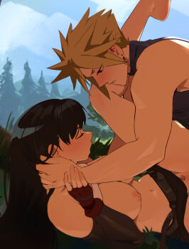 1boy 1girl black_gloves black_hair black_skirt blonde_hair blue_eyes breasts cloud_strife commentary earrings elbow_gloves english_commentary female_pubic_hair final_fantasy final_fantasy_vii fingerless_gloves gloves hetero highres implied_sex jewelry large_breasts leg_lift long_hair navel nipples out-of-frame_censoring outdoors pubic_hair short_hair skirt squeezable_(squeezabledraws) stud_earrings tifa_lockhart