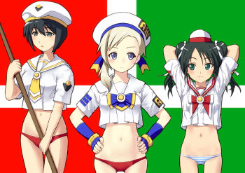 Rule 34 | 3girls, :o, aqua eyes, aria (manga), black eyes, blonde hair, blouse, blue eyes, blush, cosplay, crop top, crop top overhang, fingerless gloves, flag, francesca lucchini, gloves, green hair, hands on own hips, hat, highres, hirohashi ryou, luciana mazzei, martina crespi, midriff, military, military uniform, mizuhashi kaori, multiple girls, naval uniform, navel, no pants, open mouth, owa (ishtail), panties, red panties, saitou chiwa, shirt, smile, strike witches, strike witches: kurenai no majo-tachi, striped clothes, striped panties, underwear, voice actor connection, white shirt, world witches series