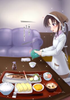 Rule 34 | 1girl, apron, bandana, black hair, bowl, brown bandana, brown eyes, commentary request, couch, cowboy shot, fish, food, highres, kantai collection, kappougi, long hair, long sleeves, nankai (kancolle), naviyu elin, nosaki (kancolle), ponytail, rice, solo, translation request