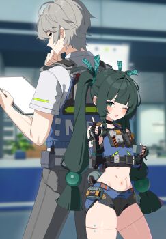 1boy 1girl absurdres alternate_costume android back-to-back behind_another black_gloves blurry blurry_background blush braid braided_sidelocks closed_mouth collar commentary cowboy_shot cup fingerless_gloves gloves green_eyes green_hair grey_hair grey_pants hair_ornament hand_on_own_chin highres holding holding_cup holding_notepad index_finger_raised indoors long_hair midriff navel notepad one_eye_closed open_mouth pants police police_badge police_uniform policewoman qingyi_(zenless_zone_zero) short_hair sphere_hair_ornament sweatdrop symbol-only_commentary twintails w.k wise_(zenless_zone_zero) zenless_zone_zero