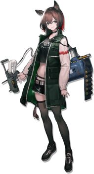 Rule 34 | 1girl, ;), animal ears, arknights, belt, black choker, black shirt, black shorts, black thighhighs, brown hair, catapult (arknights), choker, clothes writing, crop top, full body, green eyes, green jacket, hair between eyes, hand up, high collar, highres, horse ears, jacket, long sleeves, looking at viewer, m9nokuro, midriff, official art, one eye closed, see-through clothes, see-through shirt, shirt, short hair, short shorts, shorts, simple background, smile, solo, standing, t-shirt, tachi-e, thighhighs, third-party source, transparent background, weapon