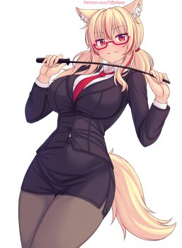 1girl animal_ear_fluff animal_ears black_pantyhose blonde_hair breasts cat_ears cat_girl cat_tail fang glasses highres jacket large_breasts long_hair looking_at_viewer multicolored_hair necktie nottytiffy office_lady original pantyhose patreon_username pencil_skirt red_eyes red_hair red_necktie semi-rimless_eyewear skirt slit_pupils solo streaked_hair suit_jacket tail tiffy_(nottytiffy) twintails two-tone_hair under-rim_eyewear whip