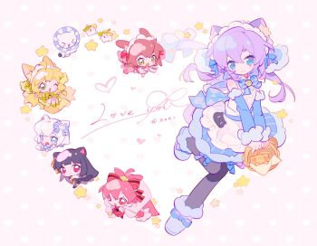 >_o 6+girls :3 :d ;d animal_ear_fluff animal_ears bare_shoulders black_hair black_pantyhose blonde_hair blue_boots blue_bow blue_bowtie blue_eyes blue_skirt blue_sleeves blush_stickers boots bow bowtie brown_hair cat_ears cat_girl cat_tail character_request chibi closed_mouth collared_shirt commentary copyright_request detached_sleeves double-parted_bangs footwear_bow full_body fur-trimmed_boots fur-trimmed_sleeves fur_trim hair_between_eyes hair_bow highres leg_up long_hair long_sleeves looking_at_viewer multiple_girls one_eye_closed open_mouth pantyhose pink_background polka_dot polka_dot_background purple_hair red_bow shirt short_hair skirt sleeveless sleeveless_shirt smile striped_bow striped_bowtie striped_clothes striped_skirt symbol-only_commentary tail vertical-striped_clothes vertical-striped_skirt white_hair white_shirt zoookiiiii