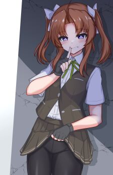 Rule 34 | 1girl, absurdres, bike shorts, bike shorts under skirt, black gloves, black skirt, brown hair, clothes lift, collared shirt, dress shirt, fingerless gloves, gloves, grey skirt, grey vest, hair ribbon, highres, kagerou (kancolle), kagerou kai ni (kancolle), kantai collection, pleated skirt, purple eyes, ribbon, shirt, skirt, skirt lift, solo, tokiwa senkei, twintails, vest, white shirt