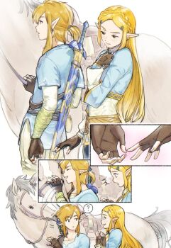 ! 1boy 1girl black_gloves blue_shirt blue_tunic braid ch0zel closed_eyes commentary_request crown_braid earrings failure fingerless_gloves gloves hair_between_eyes hair_ornament hairclip hetero horse jewelry light_blush link long_hair looking_at_another low_ponytail master_sword medium_hair nervous_sweating nintendo pants parted_lips pointy_ears ponytail princess_zelda shirt sidelocks smile spoken_exclamation_mark sweat sweatdrop sword sword_on_back the_legend_of_zelda the_legend_of_zelda:_breath_of_the_wild tunic weapon weapon_on_back white_pants