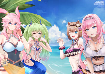 Rule 34 | ;o, ;q, absurdres, aepuru arts, animal ears, artist collaboration, beach, bikini, bikini skirt, black bikini, blue eyes, blue jacket, blue sky, blunt bangs, breasts, brown hair, cat ears, cat girl, cleavage, commentary, elf, elysia (honkai impact), elysia (miss pink elf) (honkai impact), elysia (summer miss elf) (honkai impact), english commentary, fox ears, fox girl, fox tail, green hair, hairband, highres, honkai (series), honkai impact 3rd, jacket, jewelry, keita naruzawa, leaning forward, long hair, marin liekuriva, mark1019, mermaid costume, mobius (daughter of corals) (honkai impact), mobius (honkai impact), navel, necklace, ocean, official alternate costume, official alternate hairstyle, one eye closed, pardofelis, pardofelis (midsummer collector), paw pose, pink hair, pointing, pointing at self, pointy ears, purple eyes, scrunchie, shell, shell necklace, short hair with long locks, sky, small breasts, stomach, summer, swimsuit, tail, tongue, tongue out, twintails, two-tone one-piece swimsuit, very long hair, white bikini, white hairband, wrist scrunchie, yae sakura, yae sakura (goushinnso memento), yae sakura (sakura summer)
