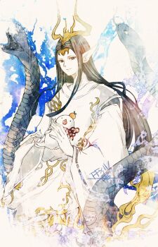 1boy animal black_eyes black_hair blue_snake blunt_ends commentary_request copyright_name final_fantasy final_fantasy_xiv flower_knot food fruit great_serpent_of_ronka holding holding_animal holding_snake japanese_clothes kariginu long_hair long_sleeves mandarin_orange pointy_ears ribbon-trimmed_sleeves ribbon_trim ruka_(blueplus84) seiryu_(ff14) smile snake wide_sleeves