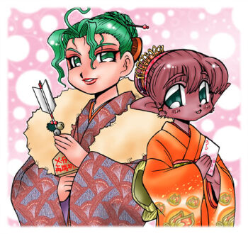 ao_fujimaru colored_skin green_hair hair_ornament japanese_clothes kimono long_hair lorna_dane lowres marvel new_mutants pointy_ears polaris_(x-men) purple_hair purple_skin rahne_sinclair wolfsbane x-factor x-men