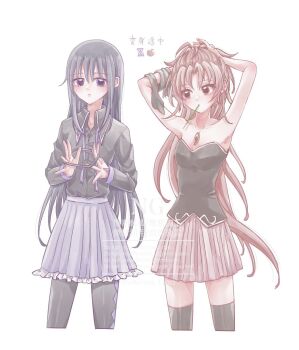 2girls akemi_homura alternate_costume argyle_clothes argyle_thighhighs arms_up black_hair black_shirt black_thighhighs breasts chest_jewel closed_mouth commentary_request cowboy_shot frilled_skirt frills hand_in_own_hair hand_jewel high_collar highres long_hair long_sleeves looking_at_another looking_to_the_side mahou_shoujo_madoka_magica medium_breasts multiple_girls oketsu_gori pink_skirt pleated_skirt purple_eyes purple_skirt red_eyes red_hair sakura_kyoko shirt simple_background skirt soul_gem strapless strapless_shirt thighhighs white_background zettai_ryouiki