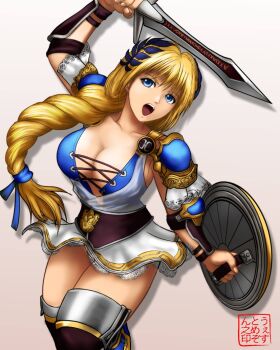 1girl armor blonde_hair blue_eyes boots bracer braid braided_ponytail breasts cleavage commission cowboy_shot dress female_focus gradient_background greco-roman_clothes holding holding_shield holding_sword holding_weapon large_breasts laurel_crown long_hair looking_at_viewer open_mouth pauldrons revealing_clothes shield short_dress shoulder_armor solo sophitia_alexandra soul_calibur sword teeth thigh_boots thighs upper_teeth_only very_long_hair weapon west-maison