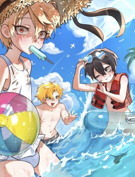 10009_xp 3boys aircraft airplane bags_under_eyes bandaid bandaid_on_face bikini_top_under_shirt bikini_under_clothes black_hair blonde_hair blue_sky blush bottomless bulge crossdressing crossdressing_(mtf) crossover day eyeliner eyewear_on_head fang food food_in_mouth grin hair_between_eyes hat hat_ribbon heart heart-shaped_eyewear high_school_boy highres hong_iltak innertube jeong_surim lee_hoon life_vest looking_at_viewer makeup multiple_boys navel nipples one-piece_swimsuit one_eye_closed open_mouth popsicle popsicle_in_mouth red_eyeliner red_eyes ribbon short_hair sky smile straw_hat suicide_boy sun_hat sunglasses swim_ring swimsuit trap unworn_bikini_bottom wading water water_censor wet white_one-piece_swimsuit