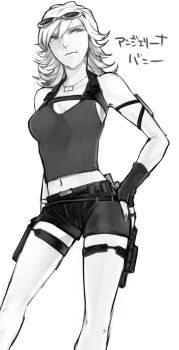 1girl angelina_jolie barnaby_brooks_jr. cosplay eyewear_on_head female_focus fingerless_gloves genderswap genderswap_(mtf) gloves greyscale hand_on_own_hip highres hip_focus jewelry lara_croft lara_croft_(cosplay) midriff monochrome nail_polish navel necklace nightk ring short_shorts shorts solo sunglasses tank_top tiger_&amp;_bunny tomb_raider