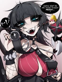 1girl ace_glitch animal_ears arrow_(symbol) bare_shoulders black_eyeshadow black_hair black_nails blue_eyes blush bracelet breast_curtains breasts choker cleavage collarbone colored_speech_bubble commentary earrings english_commentary english_text eyeshadow facial_tattoo fishnet_sleeves fishnets half-closed_eyes highres jane_doe_(nocturne_of_light)_(zenless_zone_zero) jane_doe_(zenless_zone_zero) jewelry large_breasts long_hair looking_at_viewer makeup mouse_ears mouse_girl mouse_tail multicolored_hair o-ring o-ring_choker o-ring_swimsuit official_alternate_costume one-piece_swimsuit open_mouth pov red_hair red_one-piece_swimsuit saliva sharp_tail solo sparkle speech_bubble sweat swimsuit tail tattoo upper_body zenless_zone_zero