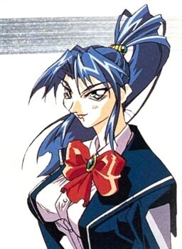 1990s_(style) 1996 blue_eyes blue_hair choujin_gakuen_gowcaizer hishizaki_shaia_(gowcaizer) lowres oobari_masami ponytail retro_artstyle school_uniform serafuku