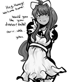 Rule 34 | 1girl, arm behind back, ashytown, black sleeves, blush, bow, doki doki literature club, dress, english text, feet out of frame, frilled dress, frills, greyscale, hair bow, highres, long hair, looking at viewer, maid, monika (doki doki literature club), monochrome, parted lips, ponytail, puffy short sleeves, puffy sleeves, shinkon santaku, short sleeves, sidelocks, simple background, sketch, solo, standing, sweatdrop, teeth, white background, white bow, white dress