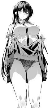 1girl bare_legs black_hair black_panties blush bow bow_panties breasts clothes_lift embroidered_panties frilled_panties frills greyscale haite_kudasai_takamine-san highres hiiragi_yuuichi large_breasts long_hair monochrome panties pleated_skirt school_uniform skirt skirt_lift sweat takamine_takane thighs underwear very_long_hair