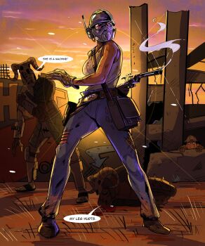 1girl 3boys armor bag belt belt_buckle blood boots broken_glass broken_window brown_boots buckle codpiece courier_(fallout:_new_vegas) crying denim english_text fallout fallout:_new_vegas gas_mask glass gloves grass greaves gun handgun helmet highres holster horns jeans mask multiple_boys ncr_trooper ncr_veteran_ranger new_california_republic orange_sky pants patchwork_clothes raider_(fallout) revolver ruins satchel skull_on_head sky slippers smoke smoking_barrel solo sparkle speech_bubble sunset tank_top torn_clothes torn_pants vinitheprog weapon white_tank_top