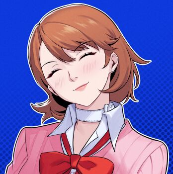 1girl blue_background blush bow bowtie brown_hair cardigan choker closed_eyes closed_mouth collared_shirt commentary earrings english_commentary facing_viewer flipped_hair gekkoukan_high_school_uniform glint gradient_background head_tilt heart heart_choker highres ikhwan_maulana jewelry loose_bowtie persona persona_3 persona_3_reload pink_cardigan pink_lips red_bow red_bowtie ribbed_cardigan school_uniform shirt short_hair smile solo stud_earrings swept_bangs takeba_yukari upper_body white_choker white_shirt