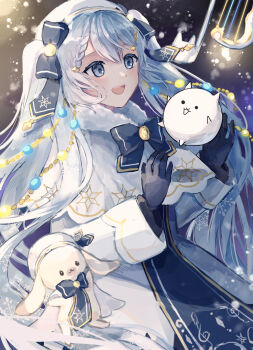 1girl absurdres beret blue_eyes blue_gloves blue_hair blue_neckwear blush bow bowtie braid capelet clock_print commentary cowboy_shot dress floating fortissimo fur-trimmed_capelet fur_trim gloves gold_trim hair_between_eyes hair_bow hair_ornament hat hatsune_miku highres long_hair long_sleeves looking_at_another musical_note musical_note_hair_ornament nyanko_daisensou open_mouth rabbit rabbit_yukine rena_(ke) shaded_face sleeve_cuffs smile snowflake_print snowflakes string_of_light_bulbs teeth twintails very_long_hair vocaloid white_dress white_hat yuki_miku yuki_miku_(2021)