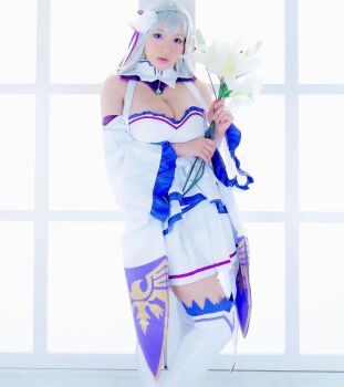 1girl breasts cosplay emilia_(re:zero) emilia_(re:zero)_(cosplay) female_focus flower highres holding holding_flower large_breasts long_hair looking_at_viewer model photo_(medium) pointy_ears purple_eyes re:zero_kara_hajimeru_isekai_seikatsu shibuya_kaho solo white_hair