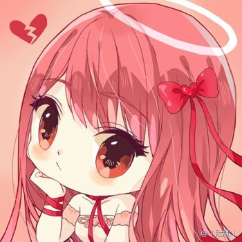 1girl artist_name bare_shoulders bored bow broken_heart brooch brown_eyes chibi chinese_commentary choker closed_mouth collarbone commentary_request detached_sleeves dress dudu_(weibo_1676559025) eyelashes frown hair_bow hair_ornament halo hand_on_own_chin head_tilt heart heart_brooch heart_hair_ornament jewelry light_blush long_hair looking_at_viewer lowres miracle_nikki neck_ribbon nikki_(nikki) nikki_(series) orange_background pink_bow pink_hair pink_sleeves red_choker red_ribbon ribbon short_sleeves simple_background solo strapless strapless_dress traditional_halo upper_body very_long_hair white_dress white_halo wrist_ribbon