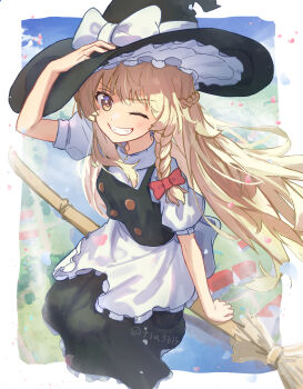 1girl absurdres apron back_bow bamboo_broom black_hat black_skirt black_vest blonde_hair blue_petals blue_sky blush bow braid broom broom_riding building buttons chinese_commentary cloud commentary_request flying foliage frilled_apron frills from_above grin hair_bow half_up_braid hand_on_headwear hat hat_bow highres kirisame_marisa long_hair one_eye_closed open_mouth path pink_petals puffy_short_sleeves puffy_sleeves red_bow river road shirt short_sleeves side_braid skirt sky smile solo touhou traum vest white_apron white_bow white_shirt witch_hat yellow_eyes