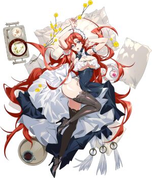 1girl alternate_costume arm_above_head arm_garter armpits arms_up ass bare_shoulders black_dress black_garter_straps black_ribbon black_shoes black_thighhighs bowl branch breast_cutout breasts celica_(langrisser) cleavage come_hither covered_navel cup curtained_hair dress enmaided fingernails flower food frills full_body game_cg garter_belt garter_straps hair_between_eyes hair_spread_out head_on_pillow high_heels highres langrisser langrisser_mobile large_breasts layered_dress long_hair looking_at_viewer lying maid maid_headdress nail_polish neck_ribbon no_panties official_alternate_costume official_art on_back on_side open_mouth pillow plate porcelain pumps red_hair red_nails revealing_clothes ribbon second-party_source shiny_skin shoes side_slit simple_background solo soup tachi-e tea teacup thighhighs thighs transparent_background tray unconventional_maid underboob very_long_hair white_dress white_ribbon yellow_flower