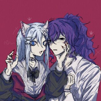 Rule 34 | 2girls, animal ears, asahina mafuyu, blood, blood on face, blue eyes, cat ears, choker, closed mouth, fingernails, grey hair, hair between eyes, hair ornament, jacket, long fingernails, long hair, long sleeves, looking at viewer, multiple girls, neck ribbon, open mouth, pale skin, ponytail, project sekai, purple eyes, purple hair, ribbon, scratches, shirt, sidelocks, simple background, very long hair, whywrawng, yoisaki kanade