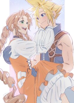1boy 1girl aerith_gainsborough aerith_gainsborough_(garnet's_gown) arm_around_back bare_shoulders bervens12 black_gloves black_vest blonde_hair blue_background blue_eyes border braid braided_ponytail brown_hair carrying choker closed_mouth cloud_strife cloud_strife_(zidane's_outfit) cosplay couple dress feet_out_of_frame final_fantasy final_fantasy_vii final_fantasy_vii:_ever_crisis garnet_til_alexandros_xvii garnet_til_alexandros_xvii_(cosplay) gloves green_eyes grey_choker hair_between_eyes hair_tie hands_on_another's_cheeks hands_on_another's_face hetero highres juliet_sleeves light_blush long_dress long_hair long_sleeves official_alternate_costume open_mouth orange_dress parted_bangs petticoat princess_carry puffy_sleeves shirt short_hair sidelocks single_braid smile spiked_hair suspenders vest wavy_hair white_border white_shirt zidane_tribal zidane_tribal_(cosplay)