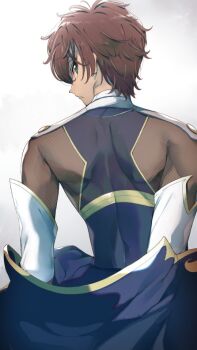 1boy backless_outfit brown_hair code_geass green_eyes grey_background kamaboko_(ossann0125) kururugi_suzaku looking_at_viewer looking_back lying male_focus on_back see-through_clothes simple_background sleeveless solo upper_body white_sleeves