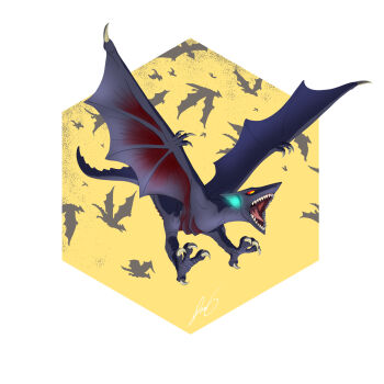 bioluminescence claws colored_sclera daiei_film daiei_motion_picture emaciated flying fusion gamera_(series) gamera_3:_revenge_of_iris gamera_the_brave gamera_vs._gyaos glowing glowing_ears gyaos highres hyper_gyaos kadokawa kaiju multiple_persona no_humans open_mouth original_gyaos pyrasterran red_sclera ribs roaring sharp_teeth silhouette talons teeth wings yellow_eyes