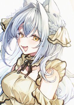Rule 34 | 1girl, artist name, braid, breasts, commentary, dress, frilled dress, frills, from side, hair ornament, highres, long hair, looking at viewer, looking to the side, medium breasts, open mouth, sharp teeth, simple background, solo, teeth, teltelhousi, white background, white hair, yellow dress, yellow eyes