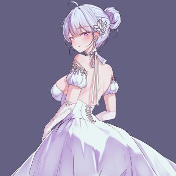 1girl ahoge bare_back blue_background blue_eyes blush breasts commentary_request cowboy_shot detached_sleeves double-parted_bangs dress elbow_gloves from_behind gloves hair_bun hair_ornament highres ine_(vtuber) large_breasts looking_at_viewer looking_back parted_lips purple_eyes rapid17 short_hair simple_background single_hair_bun solo strapless strapless_dress virtual_youtuber waktaverse white_dress white_gloves