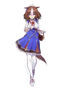 1girl ahoge animal_ears bag between_breasts blue_dress blush bow breasts brown_hair commentary_request double-parted_bangs dress ear_ribbon full_body gloves hair_between_eyes hairband headband highres horse_ears horse_girl horse_tail large_breasts long_sleeves looking_at_viewer meisho_doto_(turbulent_blue)_(umamusume) meisho_doto_(umamusume) multicolored_hair open_mouth pantyhose pink_hairband pink_headband purple_eyes qing_(sankakuosushi) shirt shoes short_hair shoulder_bag simple_background solo strap_between_breasts tail two-tone_hair umamusume white_background white_gloves white_hair white_pantyhose white_shirt