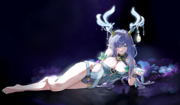 1girl absurdres alternate_breast_size_(larger) antlers bare_legs blue_hair bracelet breasts closed_mouth commentary deer_antlers deer_girl genshin_impact green_eyes highres horns jewelry large_breasts lauma_(genshin_impact) long_pointy_ears looking_at_viewer lying on_side pointy_ears revision scup smile solo thighs