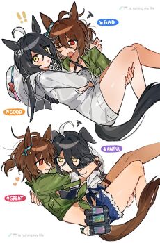 Rule 34 | !, !!, 2girls, agnes tachyon (lunatic lab) (umamusume), agnes tachyon (umamusume), ahoge, animal ears, arm around neck, arms around neck, bikini, black bikini, black gloves, black hair, blush, bow, bracelet, breasts, brown hair, canister, carrying, closed mouth, commentary, criss-cross halter, ear ribbon, emne, emoji, english commentary, english text, engrish text, flower, frown, furrowed brow, gameplay mechanics, gloves, green shirt, hair between eyes, hair flower, hair ornament, halterneck, heart, highres, hood, hoodie, horse ears, horse girl, horse tail, jewelry, long bangs, long hair, long hair between eyes, long sidelocks, looking at another, mandragora, manhattan cafe (tobasuze hot summer!) (umamusume), manhattan cafe (umamusume), medium hair, messy hair, micro shorts, mood (umamusume), multiple girls, official alternate costume, official alternate hairstyle, one eye closed, open mouth, pointing, ponytail, princess carry, ranguage, red eyes, shirt, short ponytail, shorts, sidelocks, single glove, smile, swimsuit, tail, thigh strap, tied shirt, umamusume, white hair, white hoodie, yellow eyes, yuri