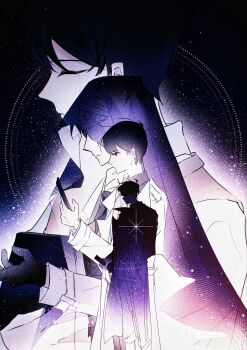 Rule 34 | 4boys, 8612starreader, black coat, black gloves, black hair, black shirt, closed eyes, coat, collared shirt, commentary, dual persona, english commentary, expressionless, gloves, hand up, highres, holding, holding phone, hood, hood up, kim dokja, looking at phone, multiple boys, omniscient reader's viewpoint, open clothes, open coat, orange vest, phone, popped collar, purple theme, shirt, short hair, size difference, starry sky print, variant set, vest, white coat, white shirt, yoo joonghyuk