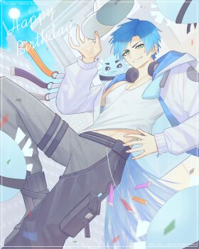 Rule 34 | 1boy, :3, abs peek, absurdres, adapted costume, altventurer (regis altare), black boots, blue hair, boots, border, brown pants, building, character name, city, cloud, collarbone, commentary, dated, day, dutch angle, ear piercing, english commentary, feet out of frame, fingernails, green eyes, grin, happy birthday, hat, headphones, headphones around neck, highres, holding, holostars, holostars english, hood, hoodie, jacket, long sleeves, looking at viewer, male focus, open mouth, outdoors, pants, piercing, regis altare, rezinkya (artist), shirt, short hair, slime (creature), smile, sun, teeth, thigh strap, unworn headphones, virtual youtuber, white border, white hat, white hoodie, white shirt